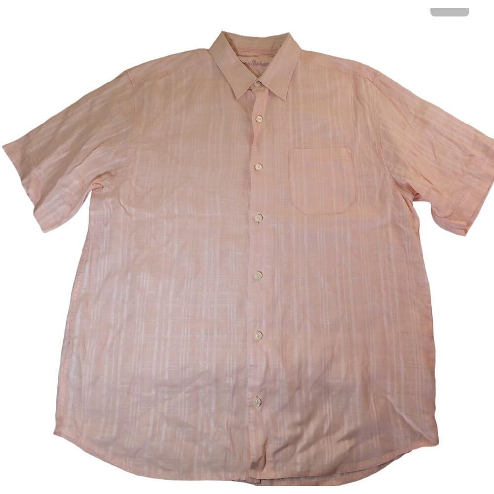 Tommy Bahama Linen Surfside Stripe Shirt L Pink Coastal Resort Beach